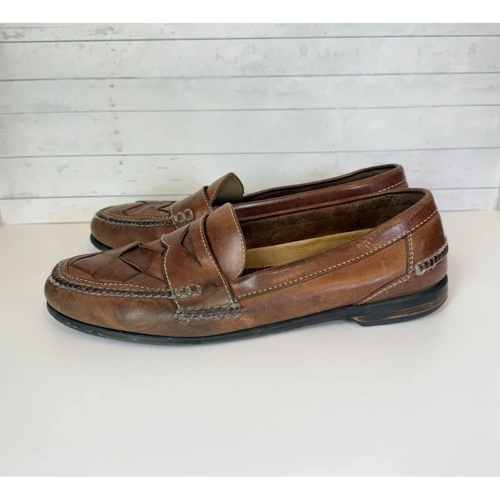 Johnston & Murphy Men's 13 Brown Leather Woven Penny Loafers Slip On Shoes